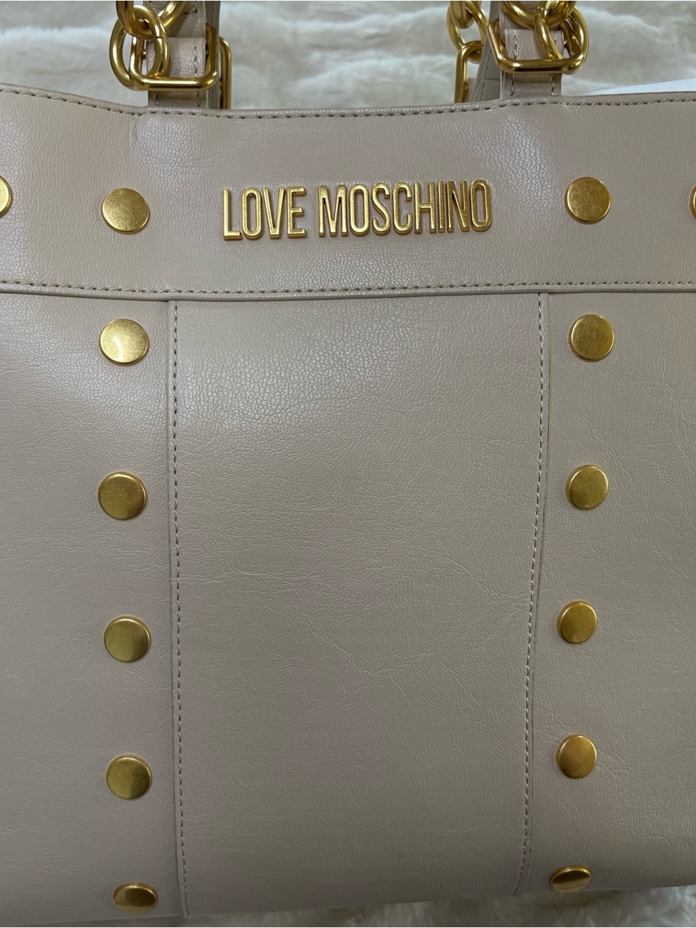 Love Moschino Nude Beige Leather Tote with Gold Studs